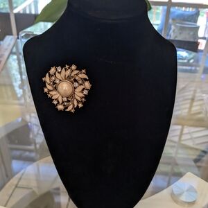 Monet Gold and Cream Enamel Brooch with Pearl Center Rhinestones